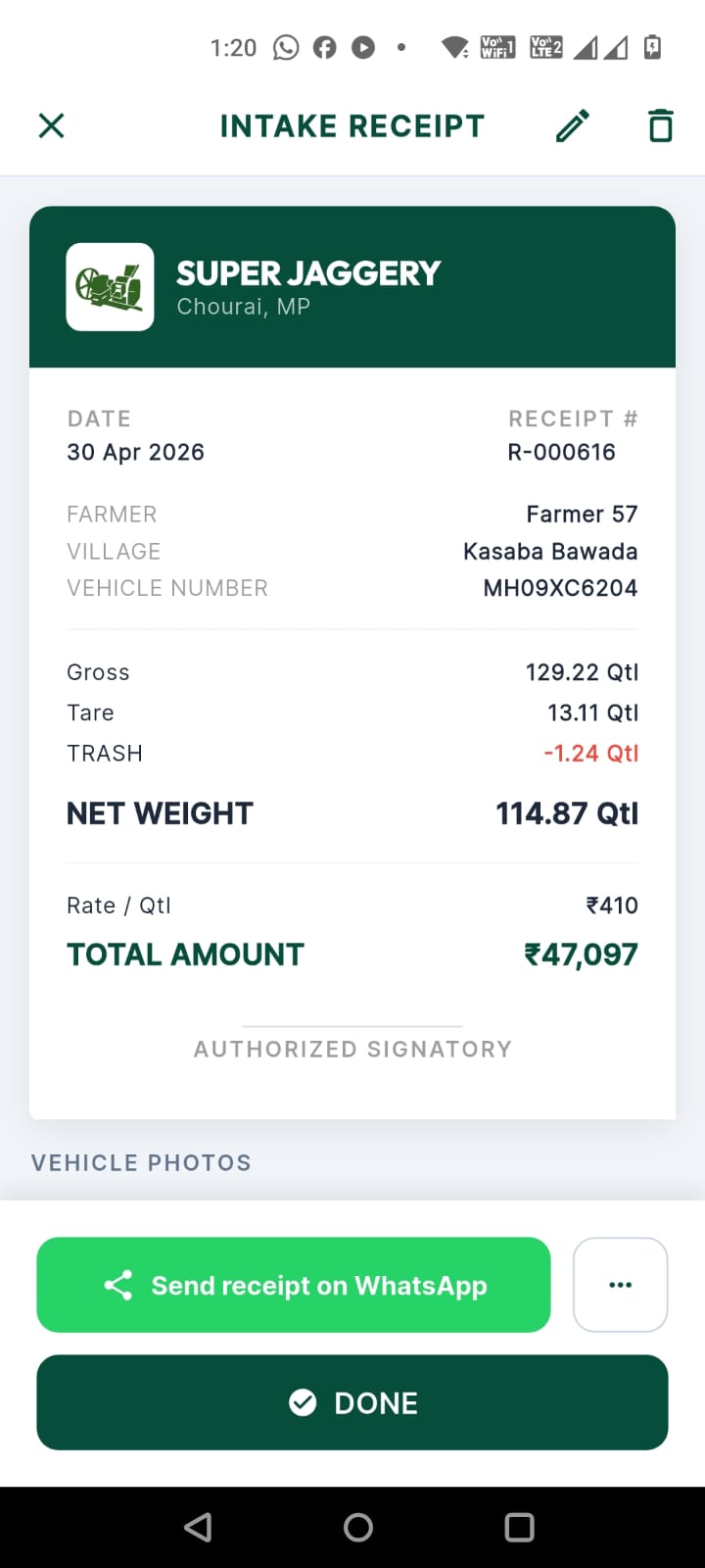 Cane intake receipt